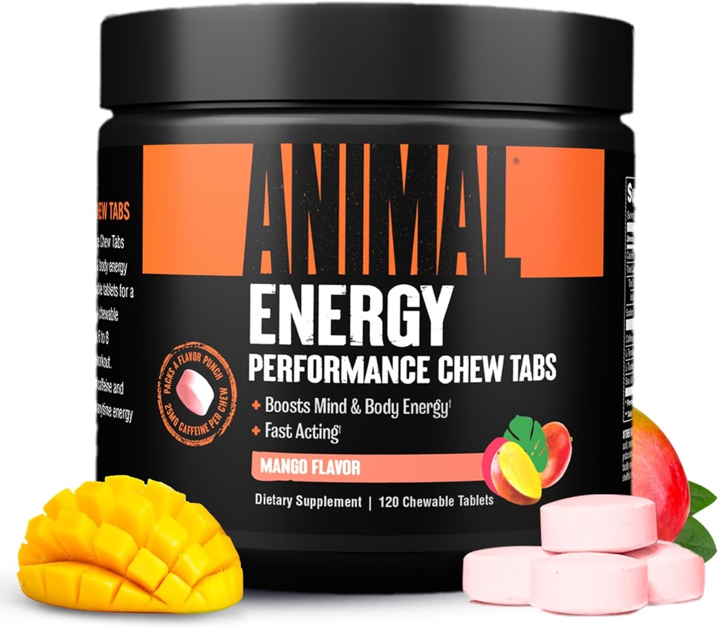 Dierenenergie Kauwen, Snelle Acterende Energie met Cafeïne, Nootropics en Zeezout voor Focus en Pre Workout - Handige en heerlijke Kauwen Formaat - Mango