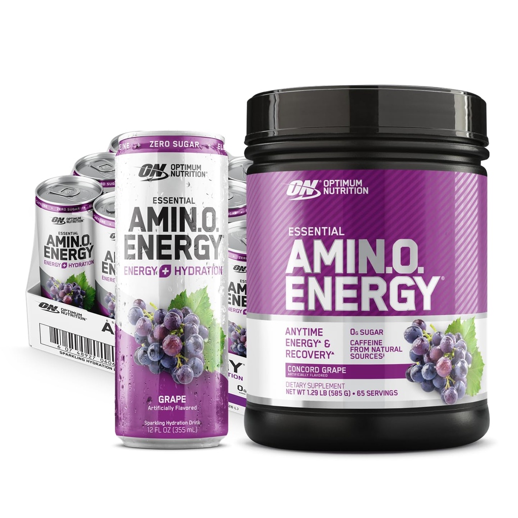 Optimale voeding Amino Energy Powder: Concord Grape (65 porties) met essentiële Amino Energy Plus Elektrolyes Sparkling Drink: Grape (12 blikken) - Bundle Pack