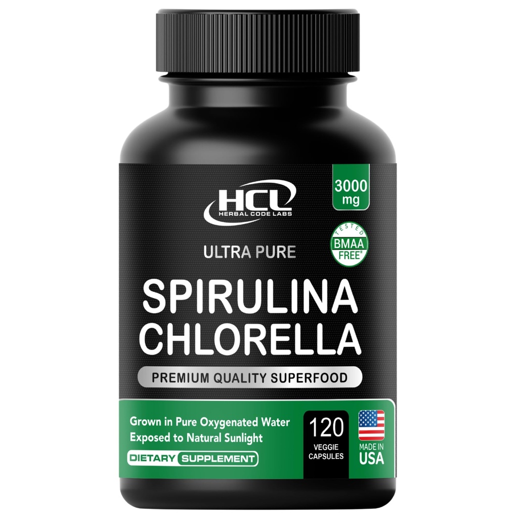 Chlorella Spirulina Poeder Capsules 3000 mg BMAA Free Purest Blue Green Algen - Best Natural Detox Raw Vegan Vitamins Protein Green Superfood - Made in USA