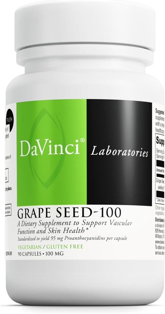 DAVINCI Labs Grape Seed-100 - Dieetsupplement ter ondersteuning van het immuunsysteem, bloedvatfunctie en gezonde huid* - met 100 mg druivenzaadextract per portie - Glutenvrije - 90 vegetarische capsules