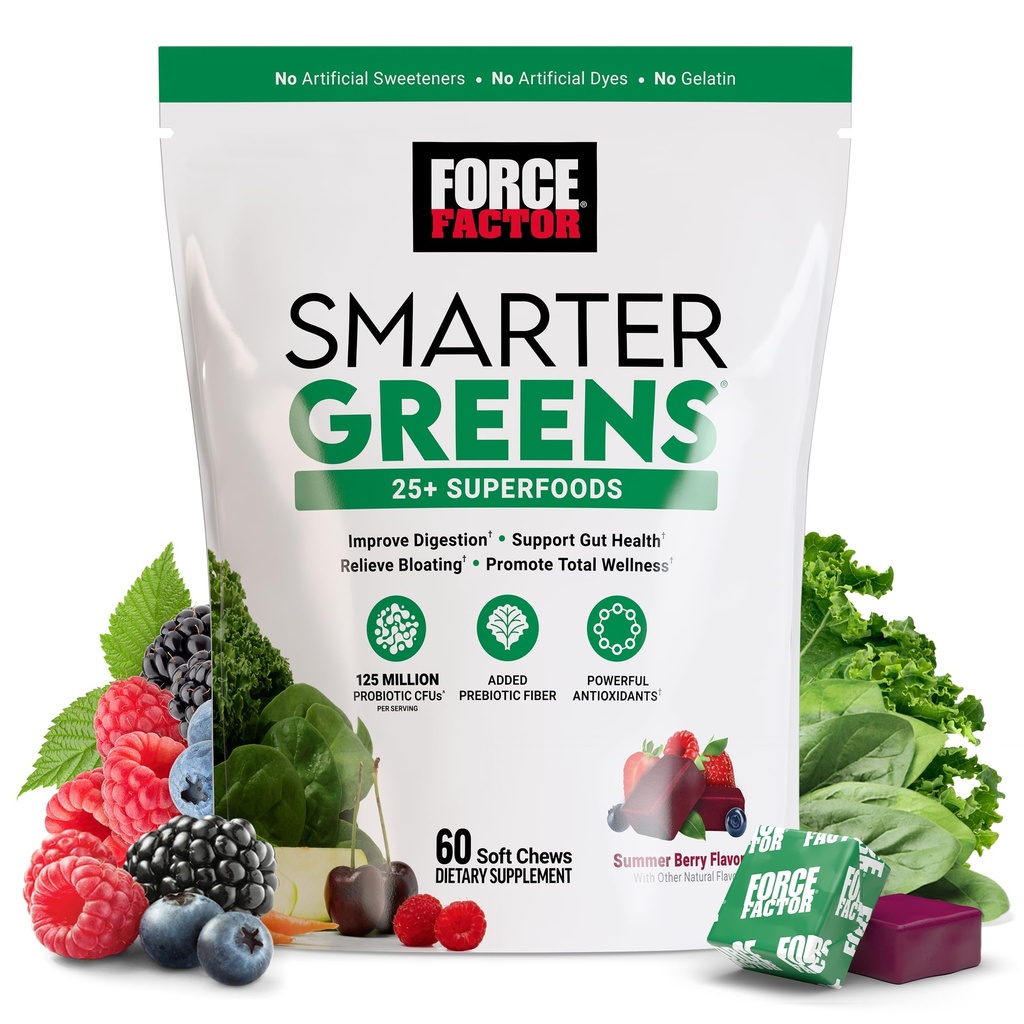 FORCE FACTOR Slimmere groenen Superfood Kauwen, Groenen en Superfoods met Probiotica, Antioxidanten en Vezel, Groenen Supplement ter ondersteuning van digestie, Nitrikoxide en energie, 60 Zachte Kauwen