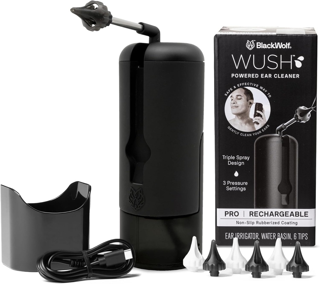 Wush Pro By Black Wolf- Deluxe Water Powered Ear Cleaner- Safe & Effective- Electric Triple Jet Stream 3 Pressure Settings For Ear Wax Buildup- Ear Wax Removal Kit- Water Resistant USB Rechargeable