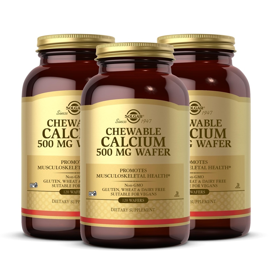 Solgar Kauwtabletten Calcium 500 mg - 120 Wafers, Verpakking van 3 - Bevordert spierskeletgezondheid - Non-GMO, Veganistisch, Gluten, Tarwe en Zuivelvrij, Kosher - 180 Totaal