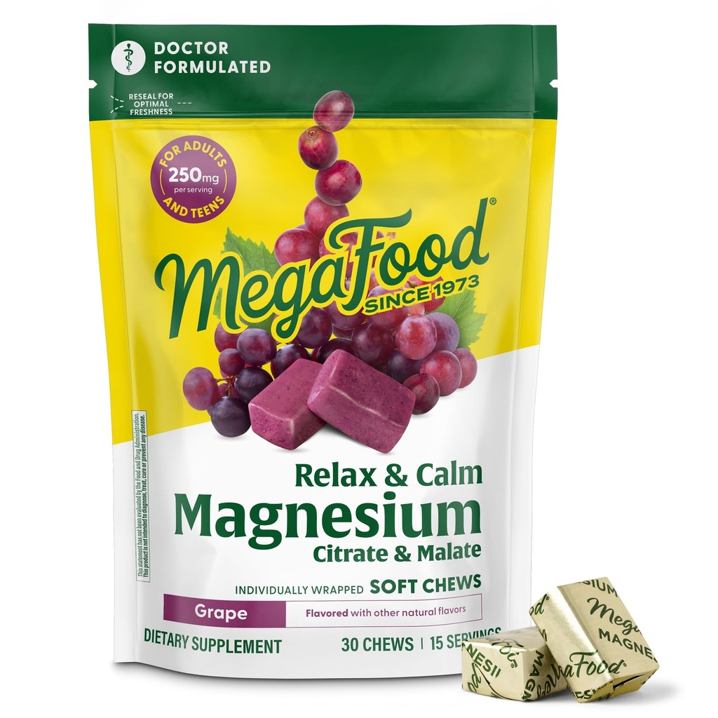 MegaFood Relax + Kalm Magnesium Supplement - Zachte Kauwen met Magnesium Citraat & Malate voor de gezondheid van het hart, spierspanning & More - Vegetarisch - Druivensmaak - 30 Kauwen (15 Serven)