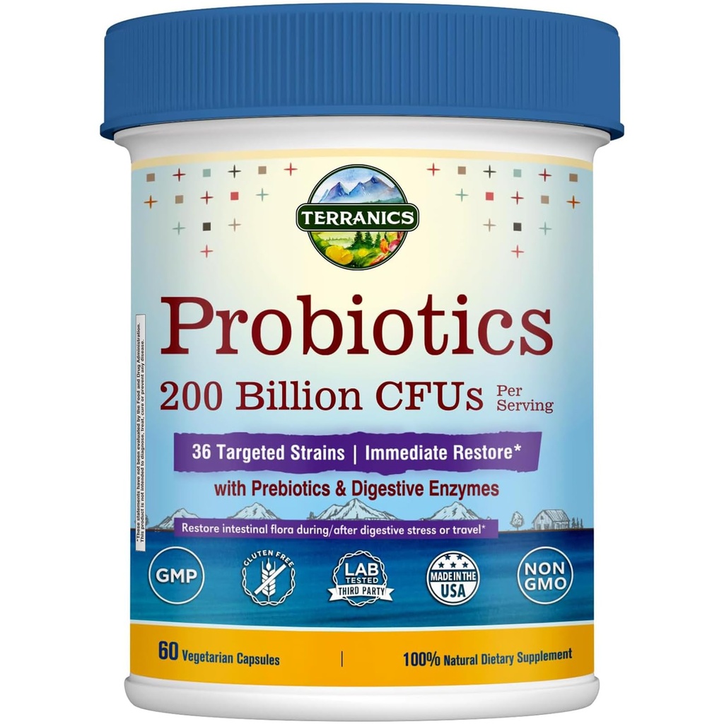 Terranics Daily Probiotics for Men & Women, 200 Miljard 36 Strains Direct herstellen Probiotica, met Prebiotica & Enzymes, Gezonde Regularity, Vertraagde Release, Plank Stable, 60 Veggie Caps