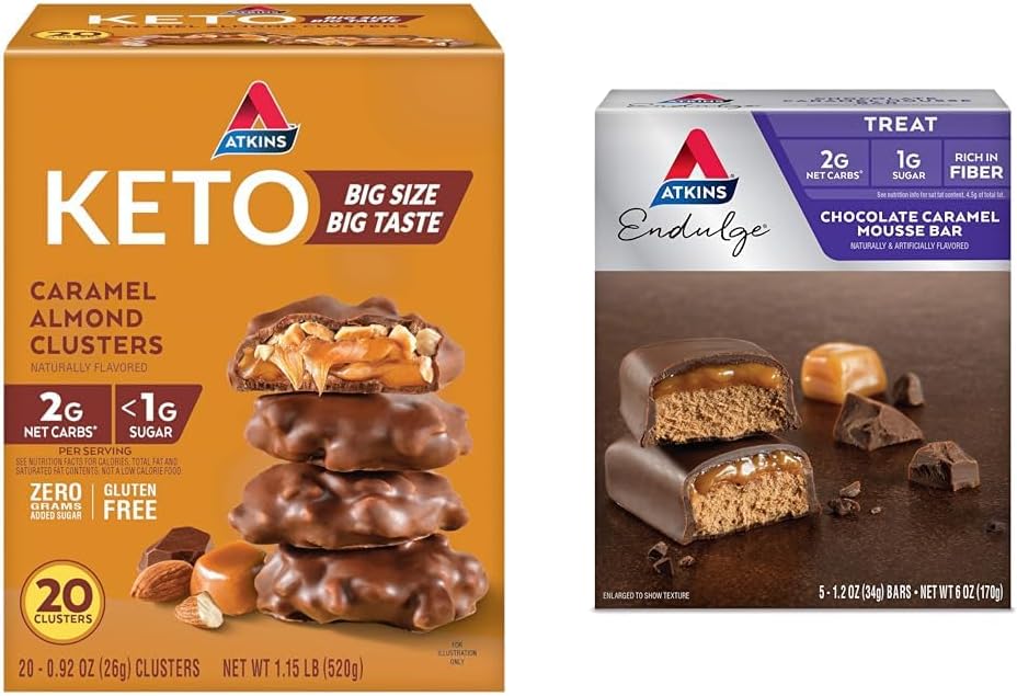 Atkins Caramel Almond Clusters, Glutenvrij, Hoog in vezels, 1g Suiker, 2g Net Carb, Keto Vriendelijke, 20 Graaf & Endulge Chocolade Caramel Mousse Bar, Dessert Favoriet, 1g Suiker, Hoog in vezels, 5 Tellen