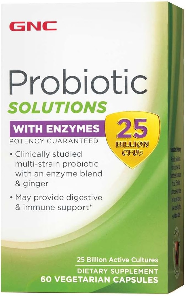 GNC Probiotic Solutions with Enzymes, Biedt Digestieve en Immune Support, 25 miljard CFUs, 60 Vegetarian Capsules, 60 Servings