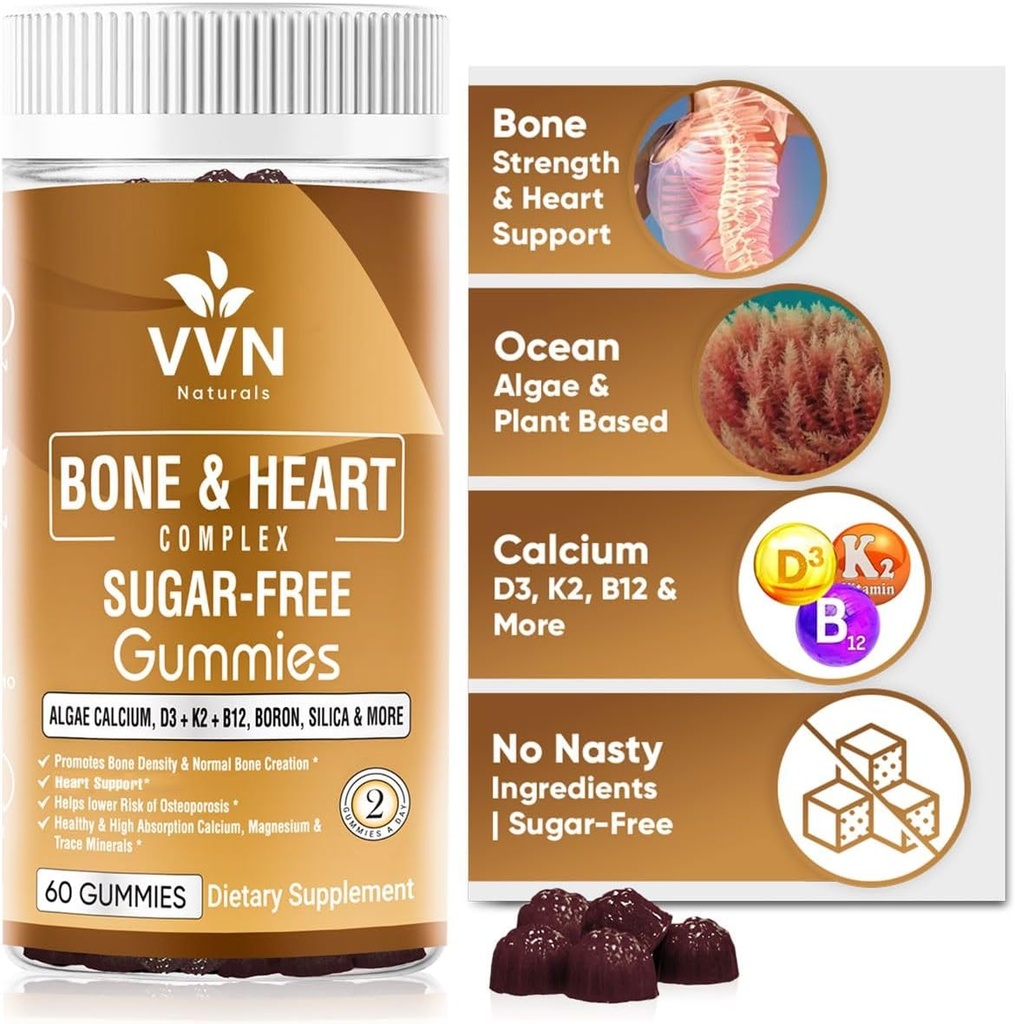 Vegan Calcium Gummies K2 Vitamin Supplement met MK-7 & vitamine D3, Magnesium & 13 Trace Minerals, ondersteuning botdichtheid 