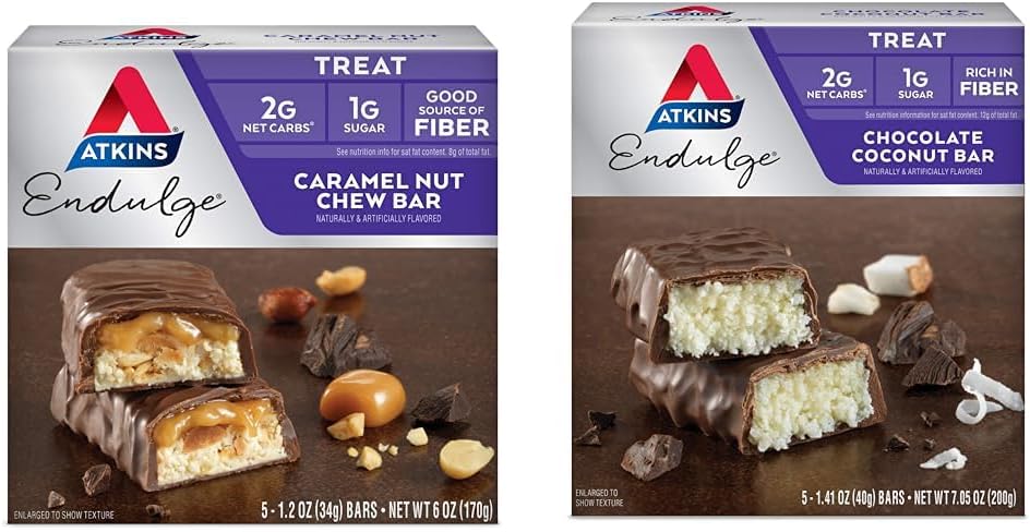 Atkins Endulge Caramel Nut Chew & Chocolate Coconut Bars, 1g Sugar, 5 Tellen