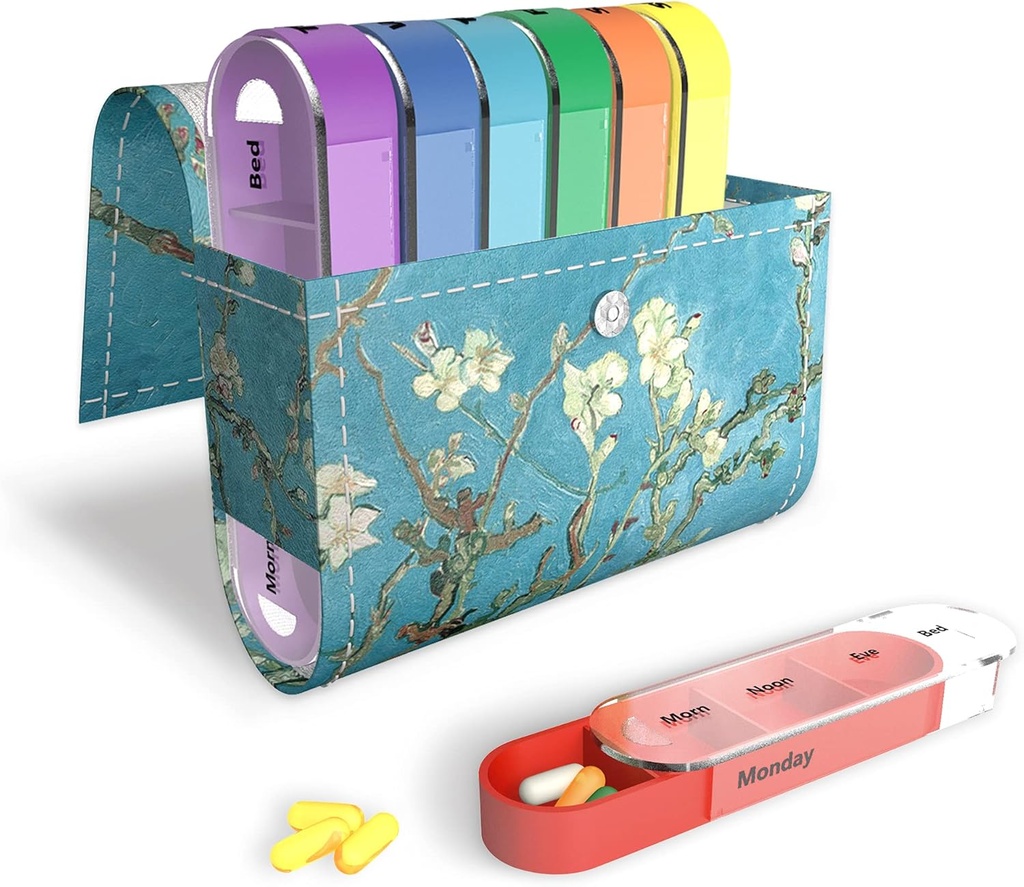 Pill Organizer,LIZIMANDU Weekly Travel Pill Case Box Medicatie Herinnering Dagelijks AM PM, Dag Nacht 7 Compartments,voor 4 Times A Day, 7 Days a Week-Includes Leren PU Carrying Case(Peach Blossom)