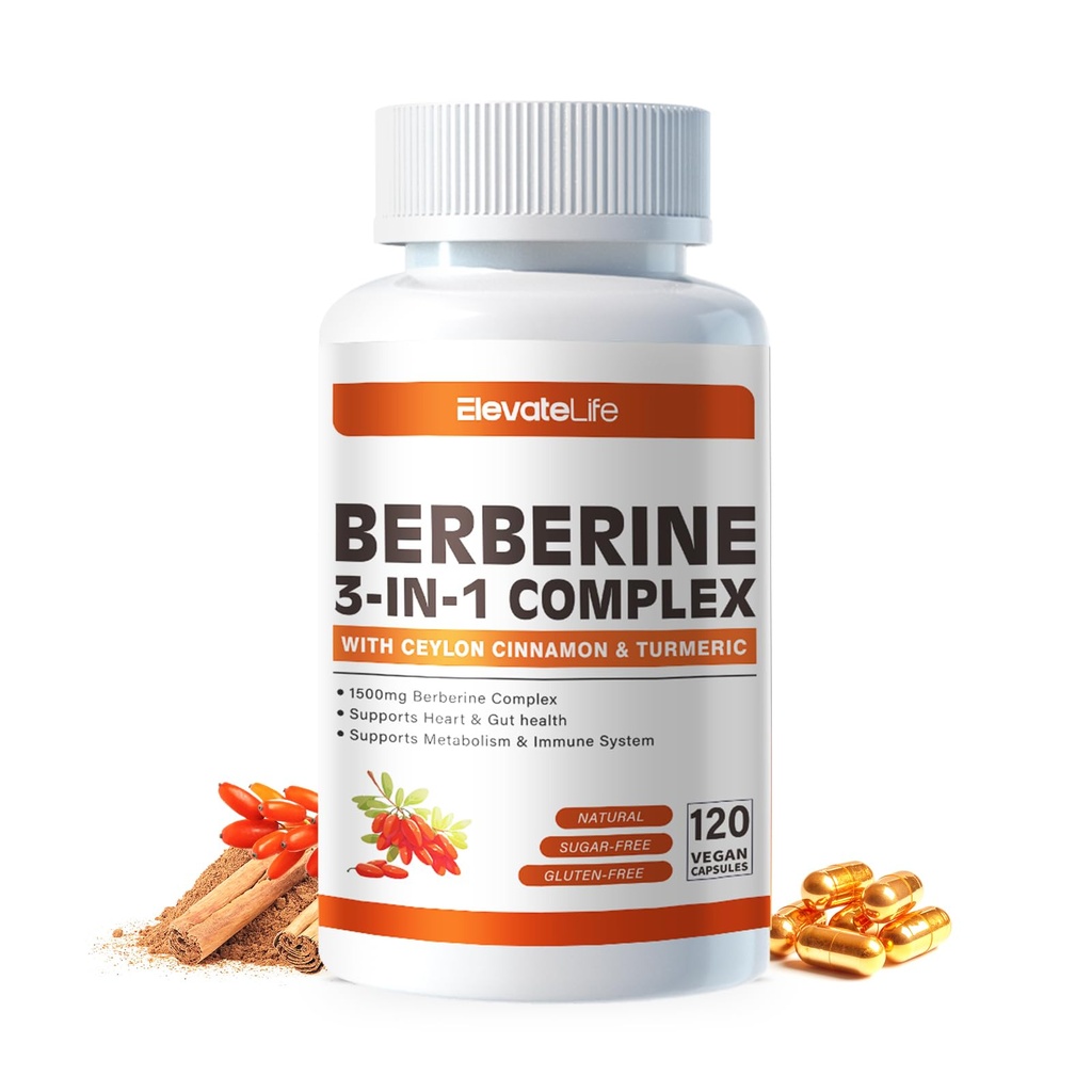 ElevateLife Berberine Supplement - Berberine 1500mg Per Serving,120 Capsules - Berberine HCI - Berberine Plus - Plus Pure True Ceylon Cinnamon, Berberine HCI Wortelsupplementen Pillen