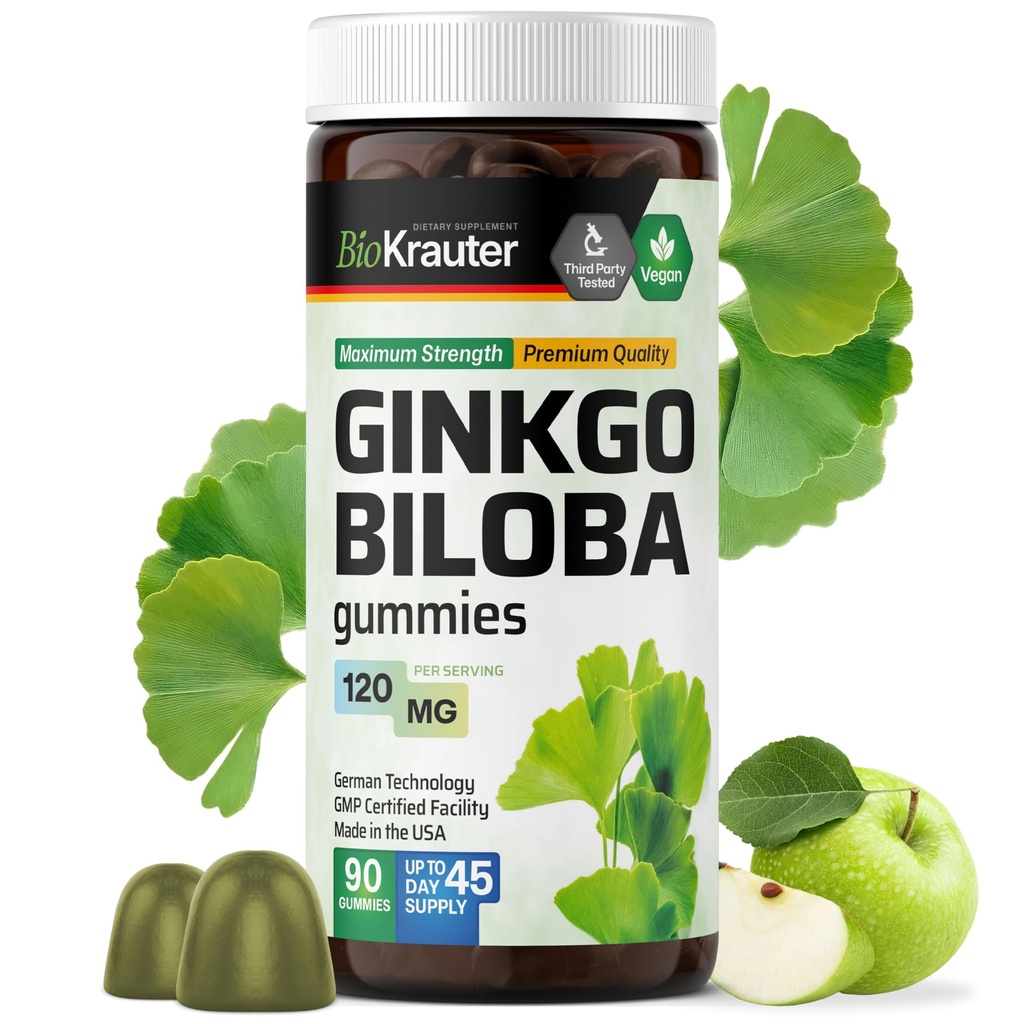 BIO KRAUTER Ginkgo Biloba Gummies - 90 Vegan Kauwen - Ginkgo Biloba Supplementen voor Hersenen Ondersteuning - 120 mg Standaard Extract - Pectine-gebaseerde formule