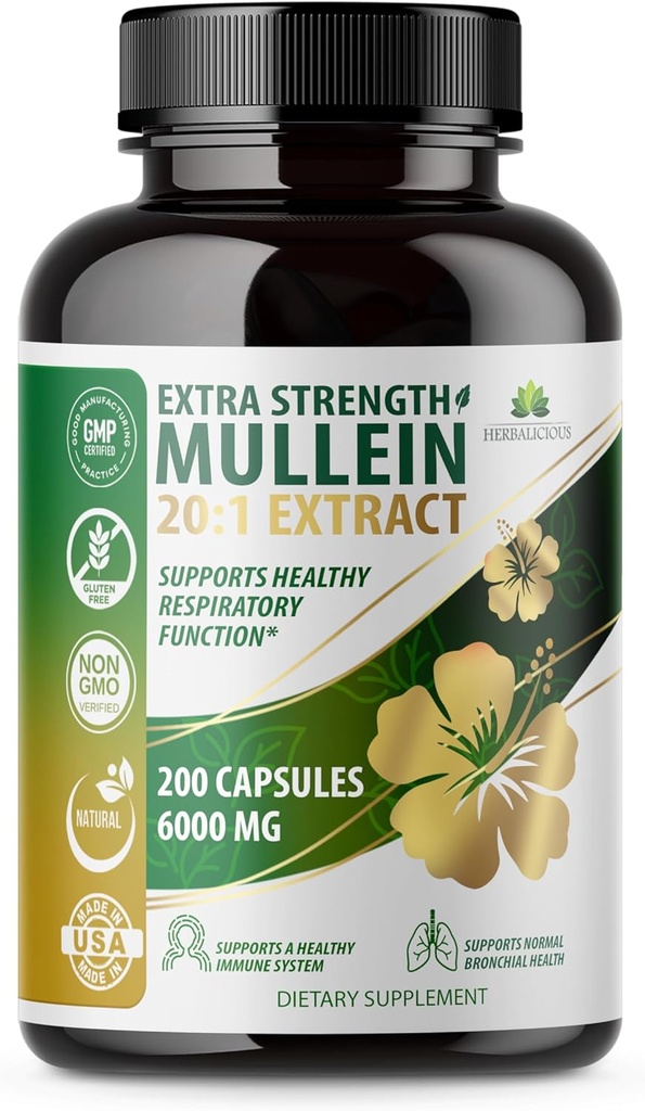 HERBALICIOUS Mullein Leaf Extract Verbascum Thapsus 20:1-200 Capsules - Natural Long Detox Herbal Supplement - Ondersteunt Ademhalingsstelsel- en immuungezondheid, Longreiniging