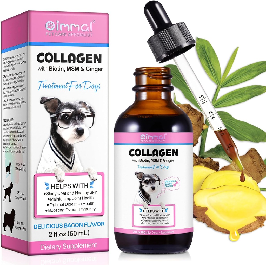 Collageen voor honden, hond collageen vloeibare druppels met biotine, MSM & Ginger Digestieve & Immunity Support, Itch Relief, Skin & Coat en Joint Health, hondensupplement 60ml