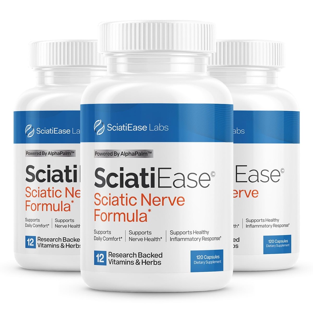 SciatiEase Sciatic Zenuw Gezondheidsondersteuning Supplement - Zenuwondersteuning Formule met AlphaPalm, Pea, Vitamine B Complex, Alpha Lipoïne Acid 300mg - 3 flessen