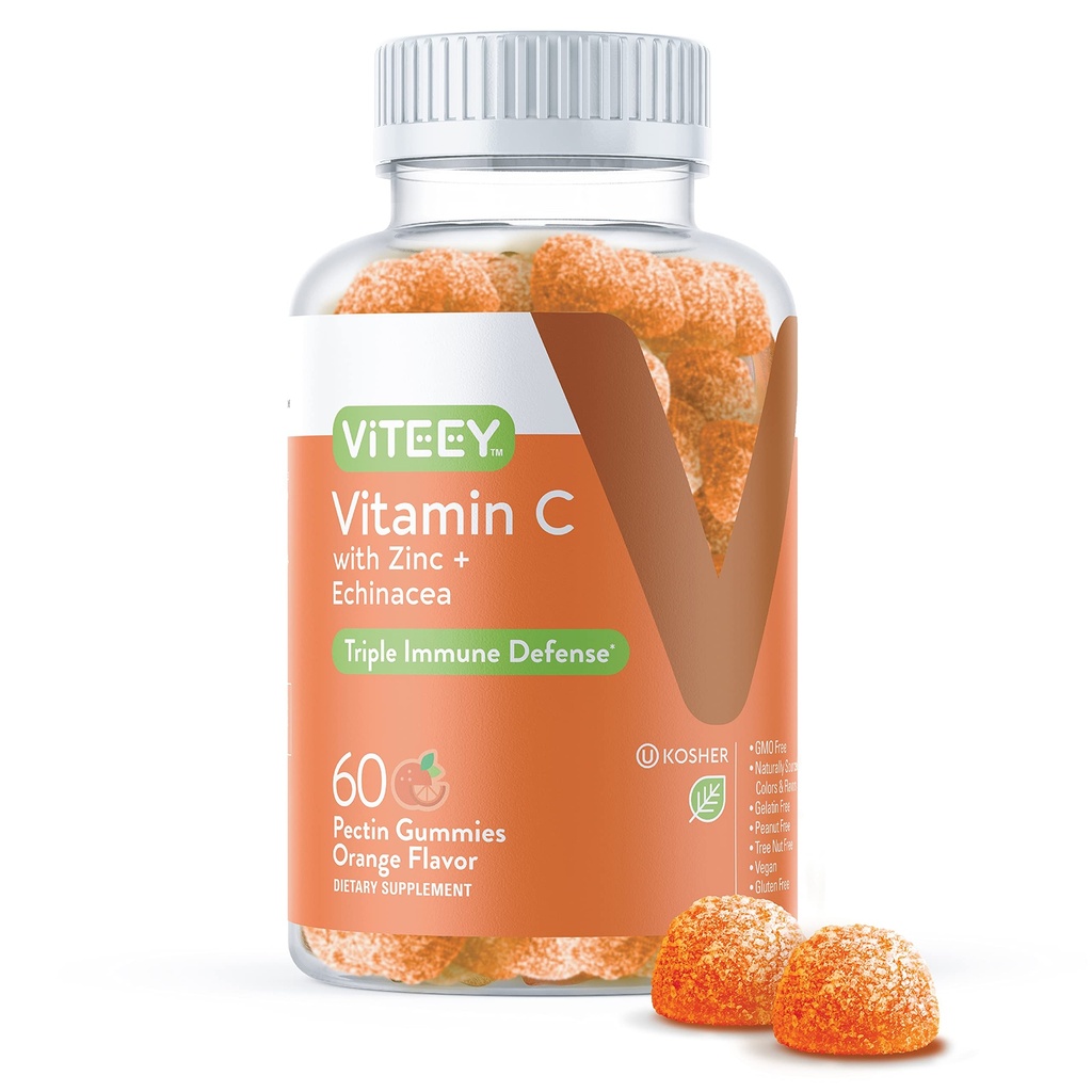Viteey Vitamine C Gummy's voor volwassenen en tieners met zink en echinacea - Immune Support Gummies - Veganistisch, Gelatinevrij, Glutenvrij, GGO-vrij - Smakelijke vitamine C Kauwbare sinaasappelsmaak Gummy