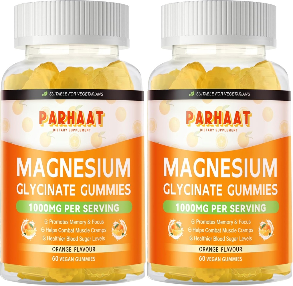 Magnesium Glycinate Gummies 1000mg - Suikervrij Magnesium Kalium Supplement met Vitamine D, B6, CoQ10 voor Kalm Mood & Slaap Ondersteuning - 120 Oranje Gummies 2 Pac