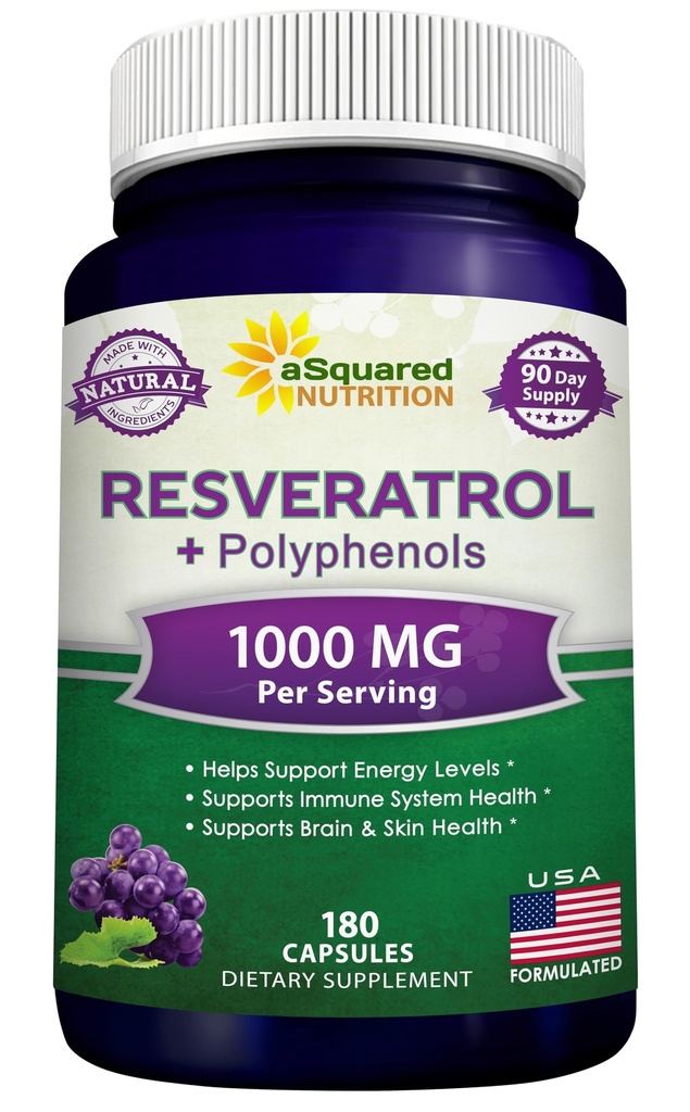 aSquared Nutrition Natural Resveratrol met rode wijn Extract - 180 Capsules - Trans Resveratrol Antioxidant Supplement Pillen voor Pure Heart Health - Extra sterkte Trans-Resveratrol