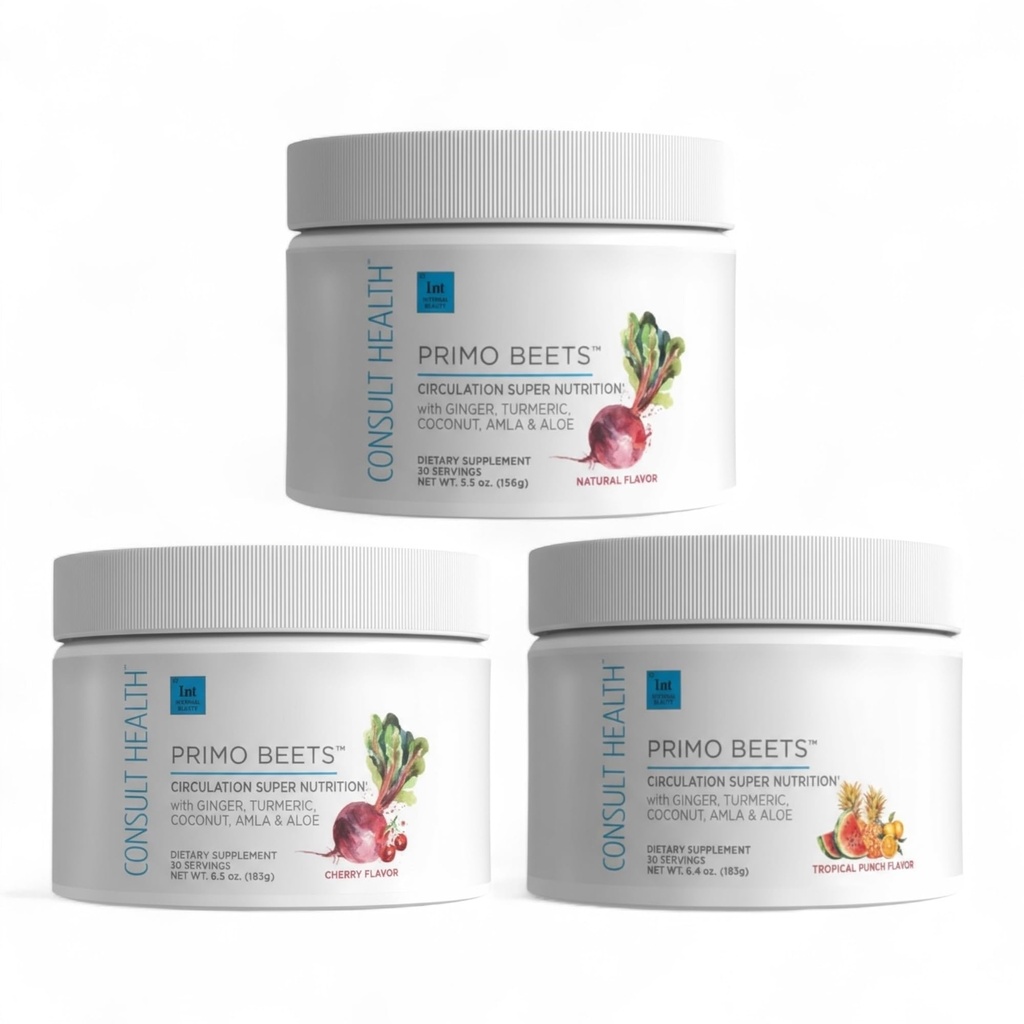 Raadpleeg Health Primo Beets Beet Root Powder Drink Mix met nitraten, dagelijkse Circulatie Ondersteuning met gember en kurkuma, 3 Pack van smaken, kersen, bosbessen en aardbeien limonade 6.5 oz Elke