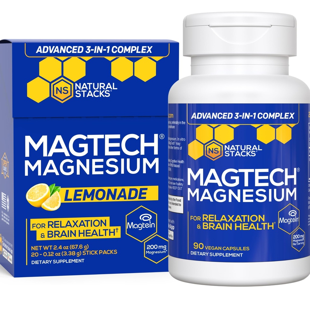 NATUURLIJKE STAKKEN MagTech Magnesium Capsules + Magtech Drink Mix Bundle - Ondersteunt Ontspanning & Brain Health* - 50 Totaal porties