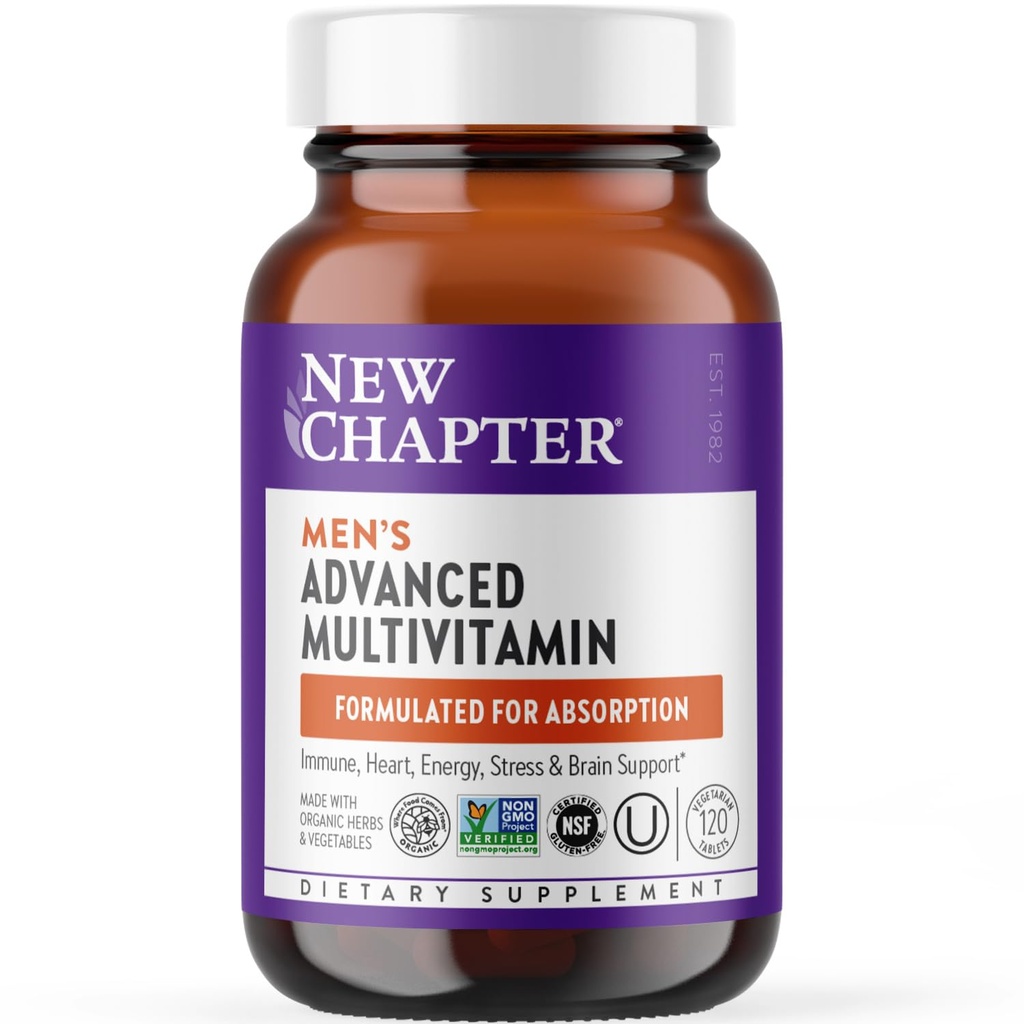 Nieuw hoofdstuk Mannen Multivitamine Geavanceerde Formule voor Stress, Hersenen, Immune, Hart en Energie Ondersteuning, Hogere niveaus van Gefermenteerde Essentiële Voedingsstoffen voor Mannen + Selenium + B Vitaminen, 120 ct
