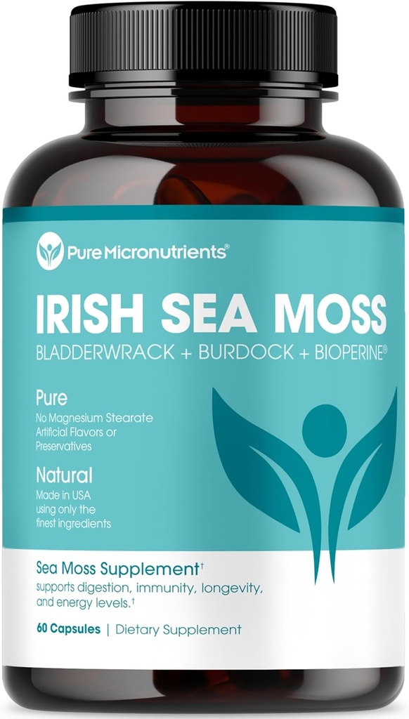 Pure Micronutrients Irish Sea Moss Capsules - Organic Irish Seamoss Pills with Bladderwrack, Burdock & Black Pepper for Energy, Immunity, Thyroid, Digestion, Heart and Bone Health