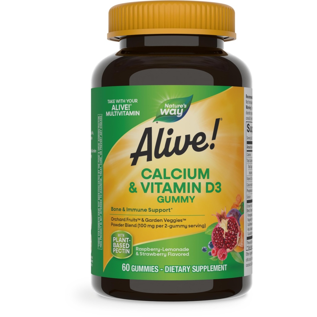Nature's Way Alive! Kauwbare Calcium Gummies met Vitamine D3, Dagelijkse Supplement Ondersteunt gezonde botten en tanden, en spierfunctie*, Aardbei en Raspberry-Lemonade smaak, 60 Gummies