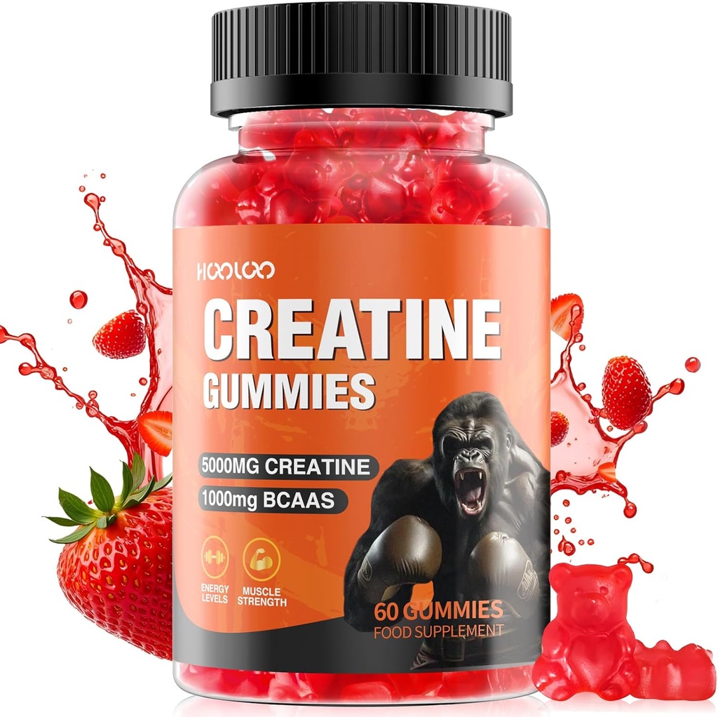 HOOLOO Creatine Gummies 5000mg Creatine Monohydraat, 1000mg BCAA's per Serving - Kauwbare Vegan Sugar Free Gummies, aardbeien smaak (1 maand levering)