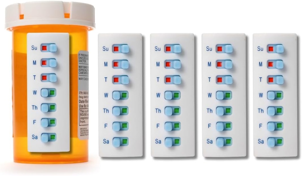 Take-n-Slide Peel en Stick Herbruikbaar voor 12 + Refills, Pillen/Medicijnen/Vitamine/Pet Med Tracker & Herinnering, bevestigen aan uw fles, Organisator-Free, gebogen-Back (White, 5-Pack)