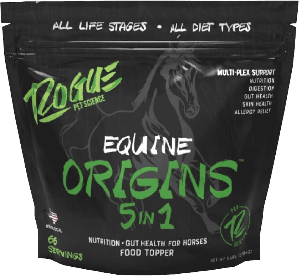 ROGUE PET SCIENCE Oorsprong 5-in-1 Horse Supplement - Pelleted Equine Food Topper w/Natural Omega 3 Visolie - Ondersteunt Gut Health, Ulcer Relief & Joints-Helps Allergieën, Huid- en Jasgezondheid (5 lbs)