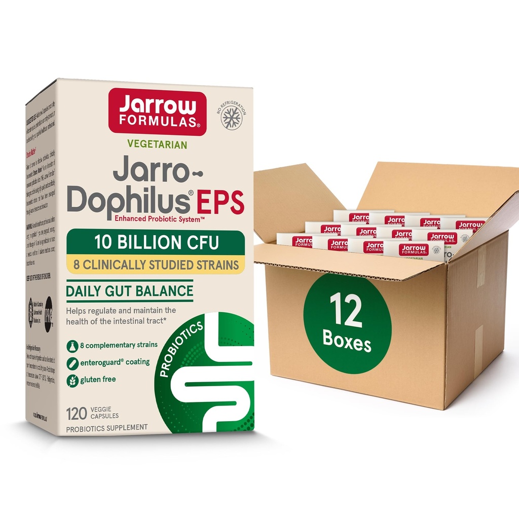Jarrow Formulas Jarro-Dophilus EPS Probiotics 10 Billion CFU for Intestinal Tract Support, Probiotic Supplement for Gut Health for Women and Men, 120 Veggie Capsules, Up to a 60 Day Supply,Pack of 12