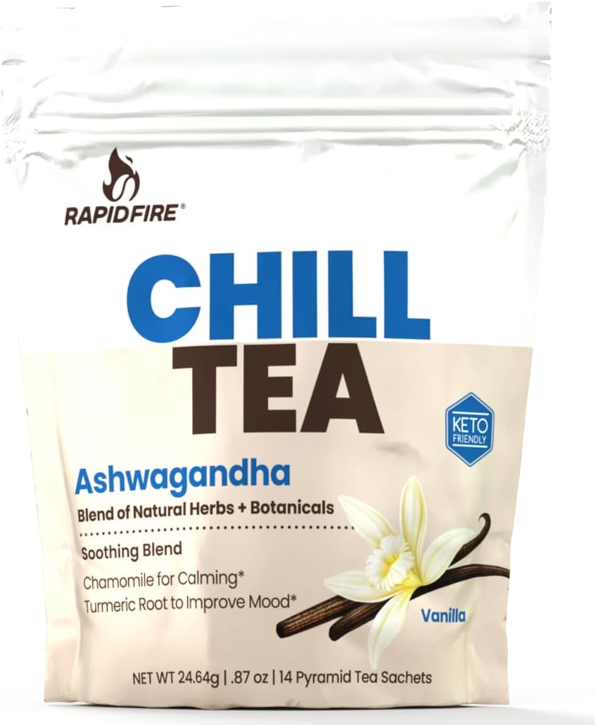 Chill Tea, kalmerende Blend, bevordert ontspanning, met Ashwagandha, kamille, Kurkuma, Stress Relief Thee, Cafeïnevrij, 14 theezakjes, 14 porties