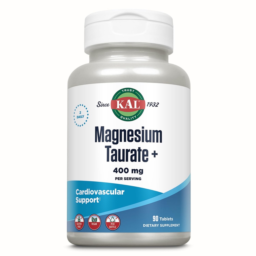 KAL Magnesium Taurate 400 mg Plus RvE-vitamine B6, gecheleerd Magnesiumsupplement, gezonde spierfunctie, zenuw- en hartgezondheidsondersteuning, Glutenvrij, Veganistisch, 60 dagen garantie, 45 Serv, 90 tabletten