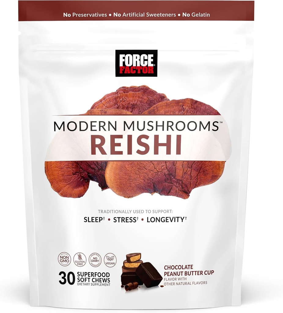 FORCE FACTOR Moderne Paddestoelen Zachte Kauwen, Reishi Mushroom Supplement ter ondersteuning van slaap, stress verlichting, & levensduur, Antioxidanten Supplement, Heerlijke chocolade Pindakaas Cup smaak, 30 Zachte Kauwen