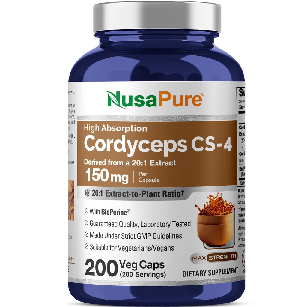 NusaPure Cordyceps 20:1 Extract, 150 mg Equivalent aan 3.000 mg 200 Veggie Capsules (Sinensis CS-4, Non-GMO, Vegan) Bioperine