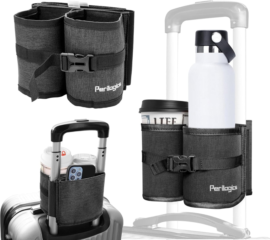 Perilogics Bagage Reisbekerhouder Handen Gratis Drink Caddy voor koffer handgreep. Perfecte Vliegtuig Reizen Essential Accessory Cadeau voor frequente Reiziger, Vluchtant of met Kinderen (Donkergrijs)