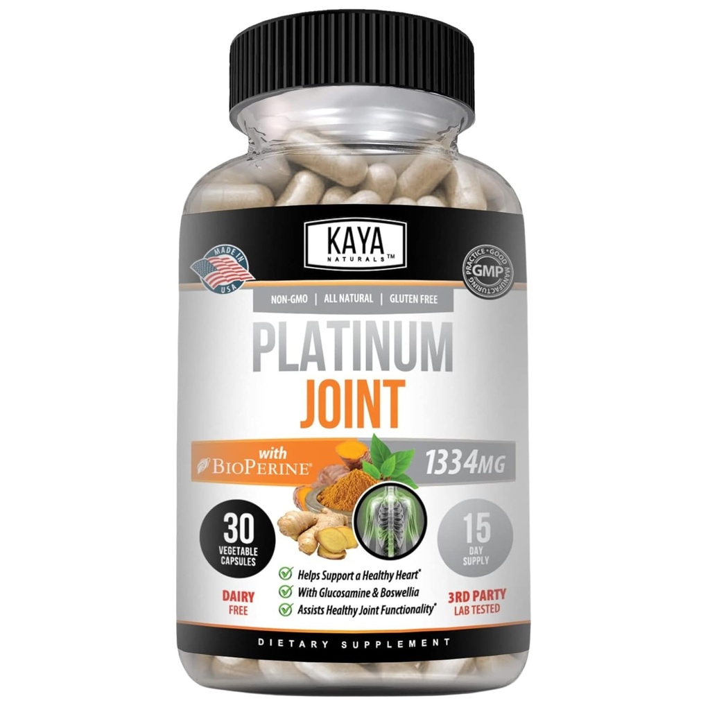 Kaya Naturals Platina Mobiliteit Kurkuma - Bioperine, Glucosamine, Kurkuma met Boswellia, Gezonde Natuurlijke Mobiliteit Ondersteuning, Kurkuma Curcumin 1334mg - 30 Capsules