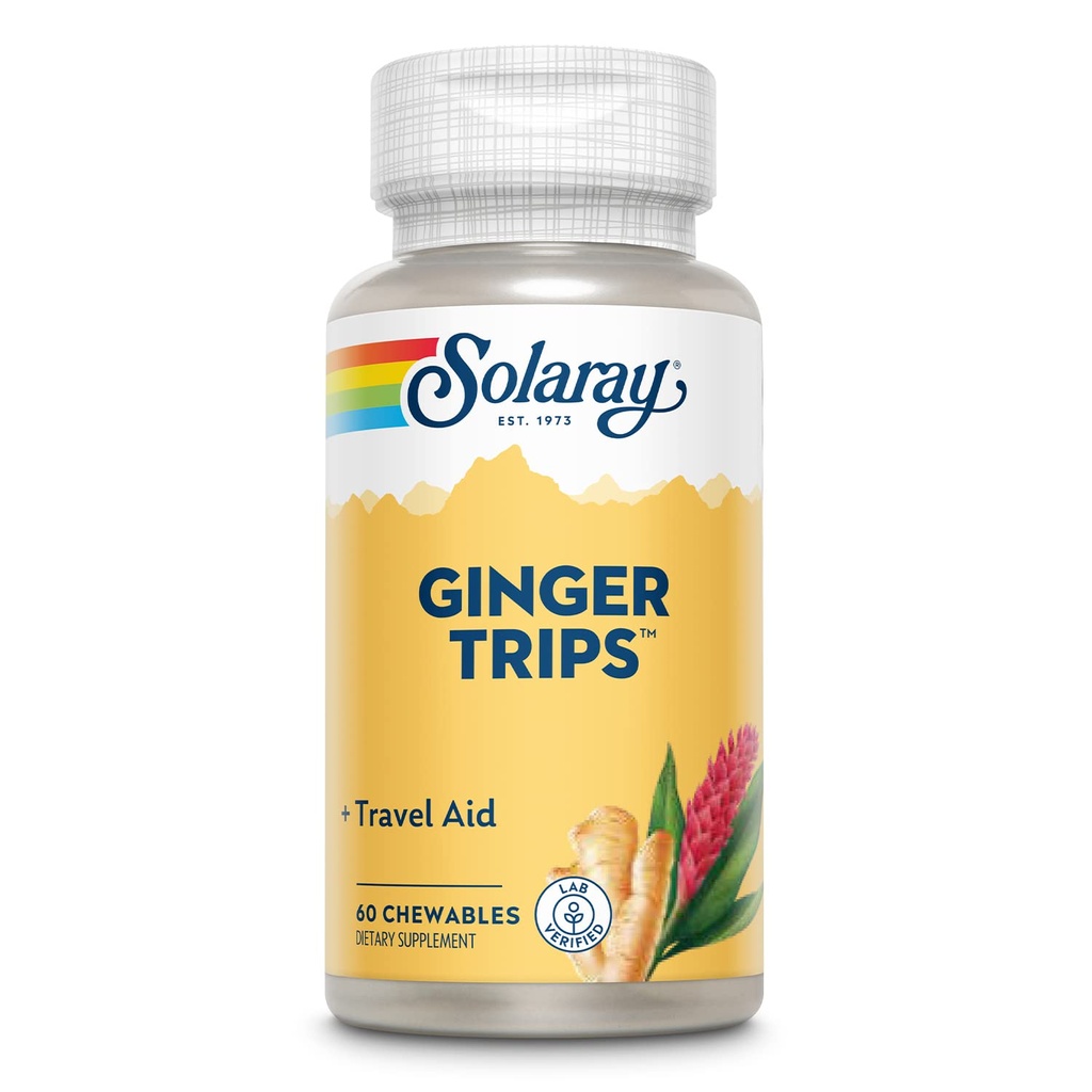 SOLARAY Ginger Trips Reishulp Root Extract Gezonde Digestieve Ondersteuning w/Honey, Stevia & Molasses 60 Kauwtabletten