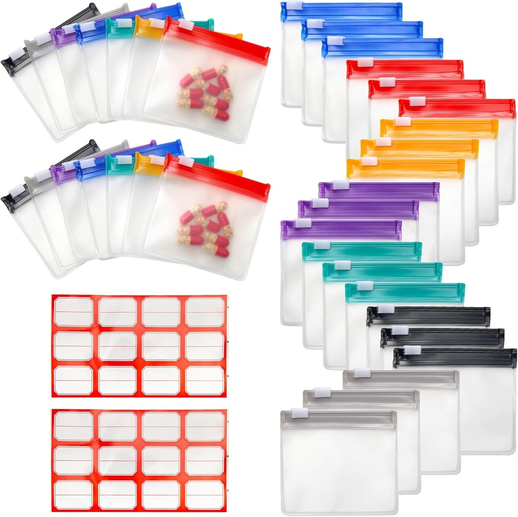 35+2 stuks Pill Pouch Tassen Zippered Pill Pouch Set met 2 vellen Label, 7 kleuren pil zakjes voor de geneeskunde Reizen Herbruikbare kleine plastic pil zakjes voor reizen / thuis Dagelijks gebruik