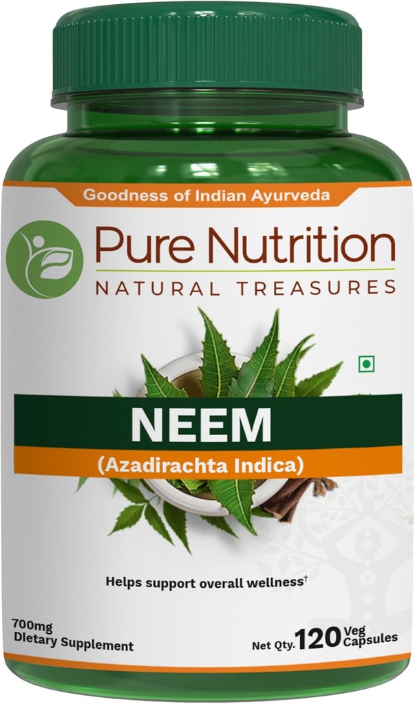 Pure Nutrition Neem Capsules 700mg. (Equivalent tot 2600mg Neem Leaf Powder en Bark Powder) Niet GMO 