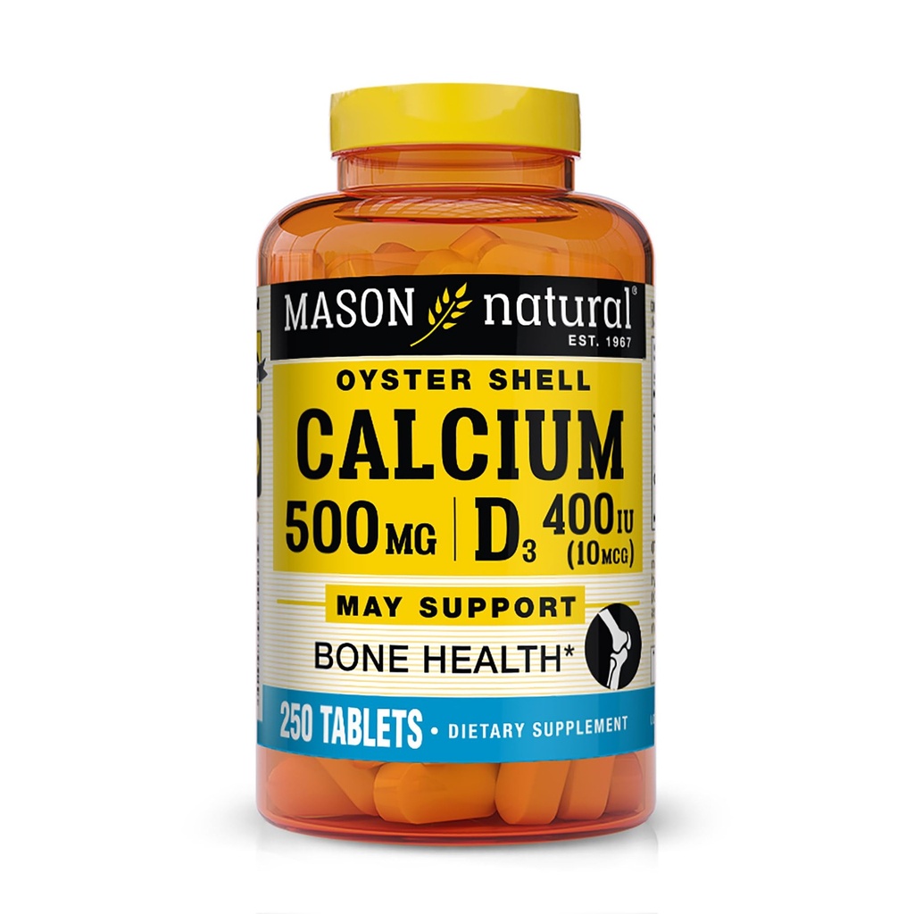 MASON NATUURLIJKE Calcium 500 mg (Oyster Shell) met vitamine D3 ter ondersteuning van normale bot- en spierfunctie, 250 tabletten