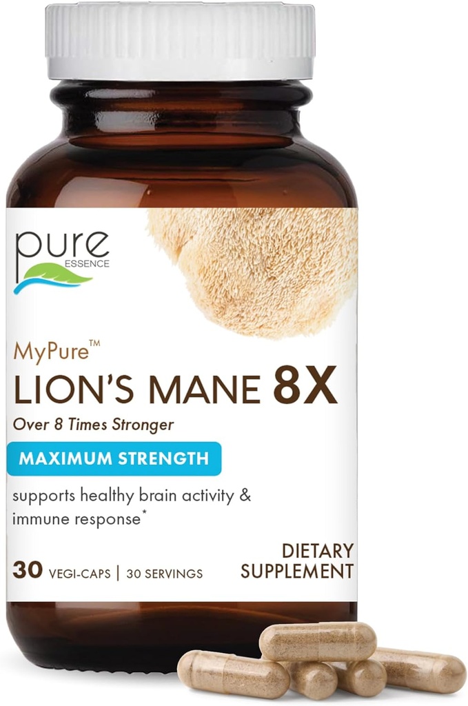PURE ESSENCE LABS MyPure Lion's Mane 8X - Max Strength Hersenen Ondersteuning met 100% vruchtlichaam Biologische Leeuwen Mane voor Ultimate Cognitive Performance, Focus, en Geestelijke Duidelijkheid, 30 Capsules