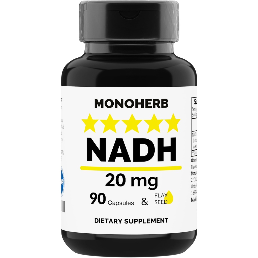 MONOHERB NADH 20 mg - 90 Vegetarian Capsules - Reduced Nicotinamide Adenine Dinucleotide Supplement