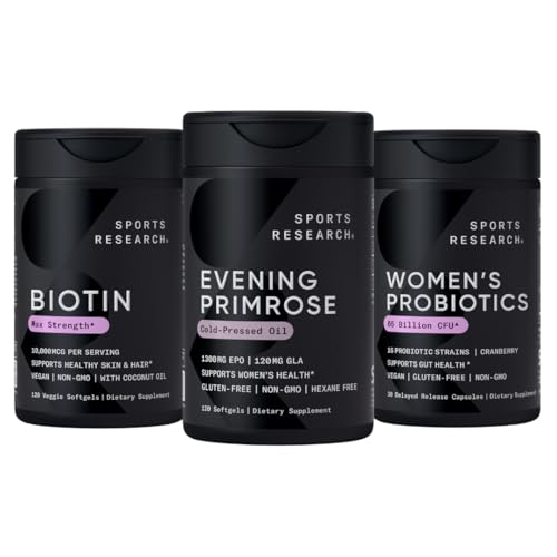Sports Research® Women's Supplement Pack - Evening Primrose Supplement from Cold Pressed Oil, Vegan Biotin 10,000mcg with Coconut Oil & Women's Probiotics with Prebiotics, 65 Billion CFU
