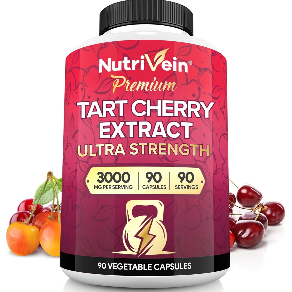 Nutrivein Premium Tart Cherry Capsules 3000mg: Ultra Strength Tart Cherry Extract Supplement voor post-atletische herstel, detox, rust, & mobiliteit