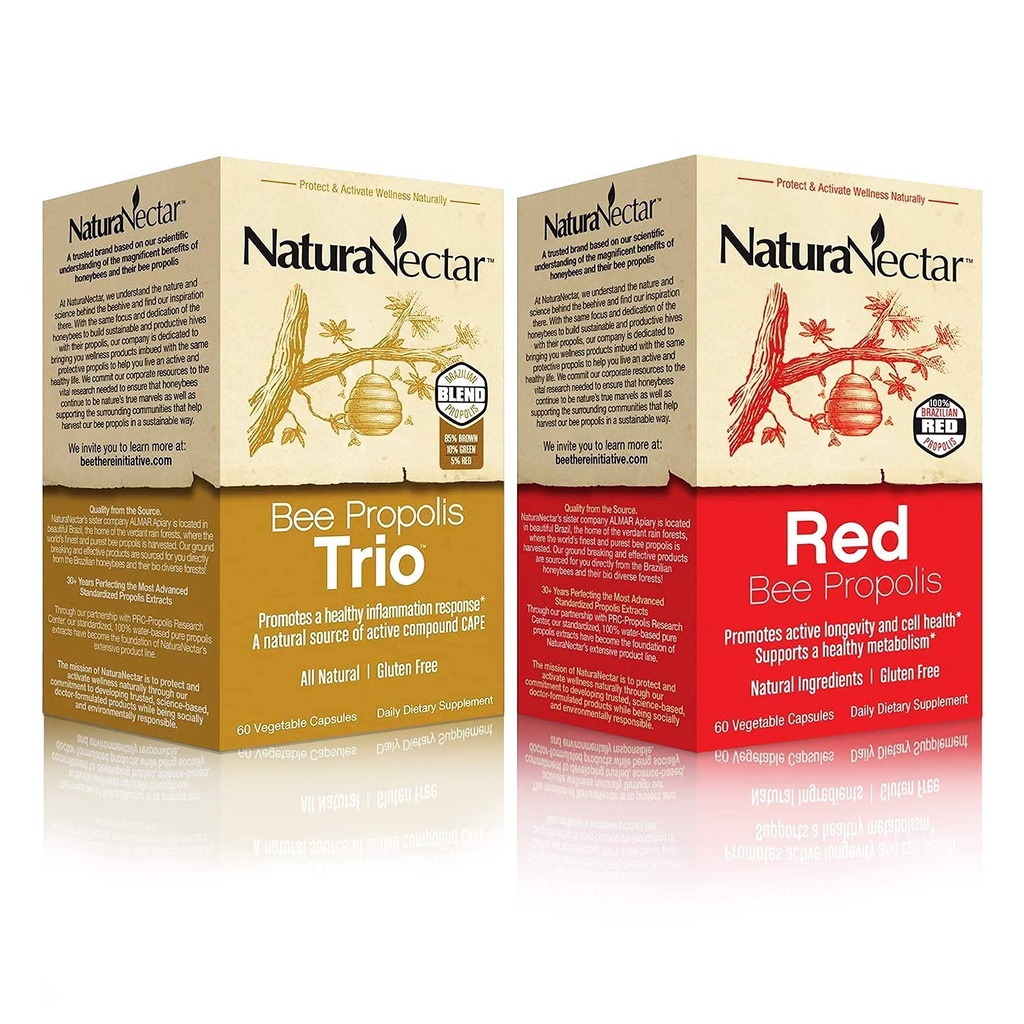 NaturaNectar Natural Bee Propolis Bundle - Trio and Red Propolis - for Immune and Cardiovasculaire Ondersteuning en een gezonde stofwisseling* - 60 Capsules per fles