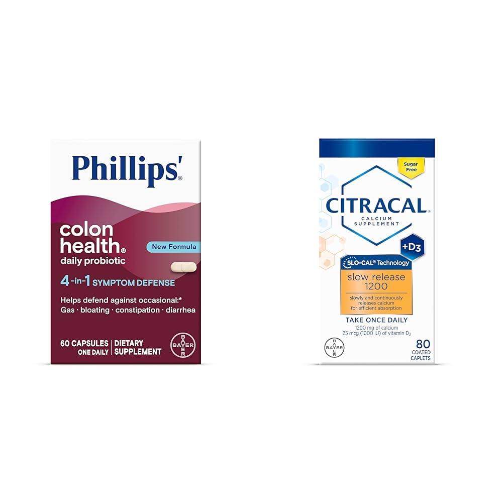 Phillips' Colon Health Daily Probiotic Capsules, 4-in-1 Symptoom Defense & Citracal Slow Release 1200, 1200 mg Calciumcitraat en Calcium Carbonaat Blend