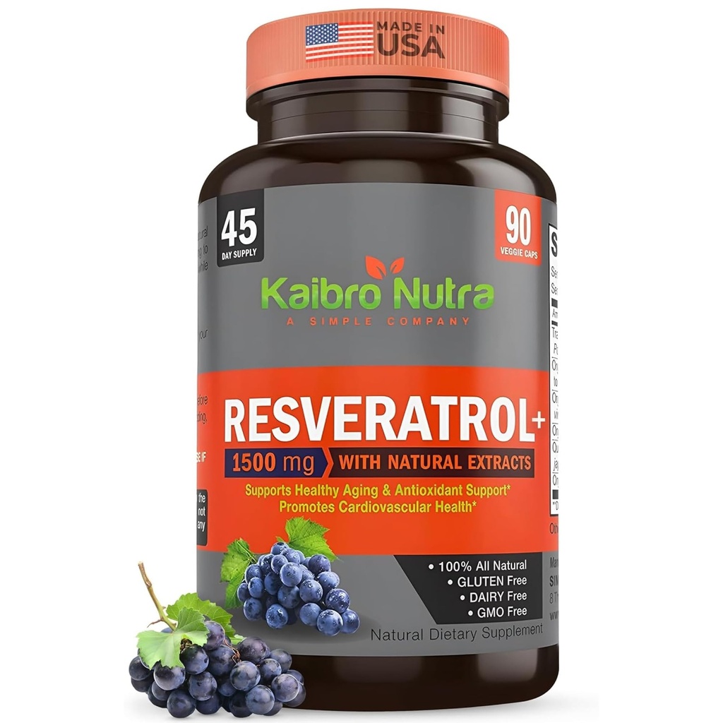 Kaibro Nutra Resveratrol Supplement, 1500mg Extra sterkte Trans Resveratrol, Quercetin met Japanse Knotweed Extracten, Anti-Aging, Radiant Huid en Immuniteit Ondersteuning, Vegan & Non-GMO, 90 Capsules