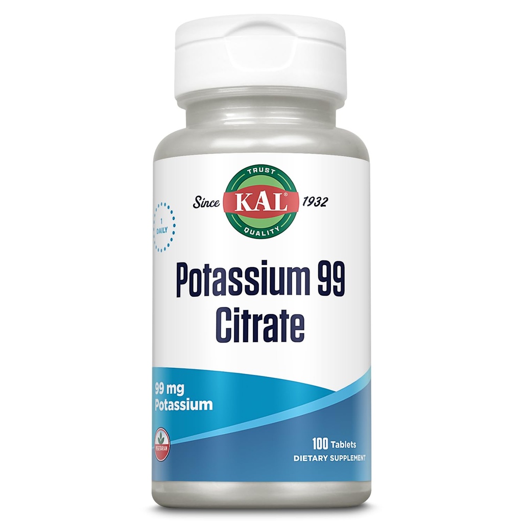 KAL Kalium Citrate 99mg, Fluid and Electrolyte Balance, Kaliumsupplement voor spier-, zenuw- en hartgezondheidsondersteuning, vegetarisch, verbeterde absorptie, 60-dagen garantie, 100 Serv, 100 tabletten