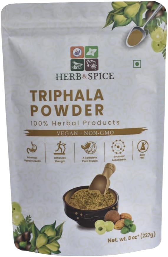 Triphala Powder Non GMO, Glutenvrij, 100% Rauw, Gebronzen uit India, Kruidenformule van Amla, Haritaki, Bibhitaki, Verpakt in hersluitbare Zip Lock Pouch (227 Gram)